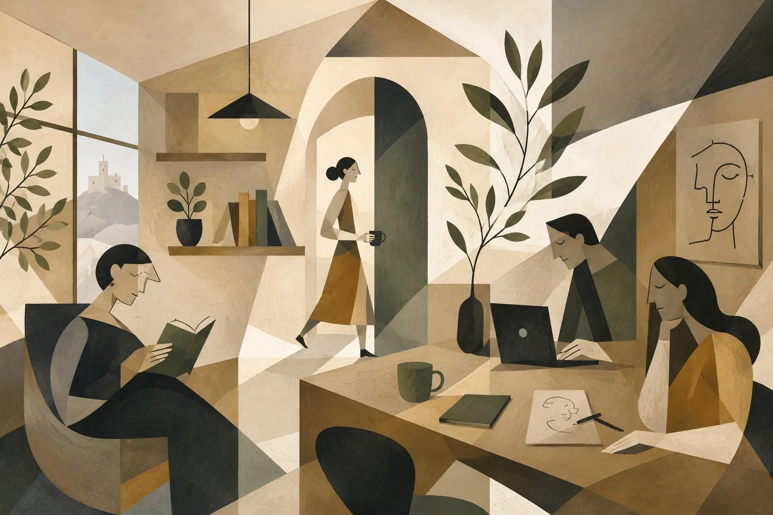 Ilustração do interior do PLACE: pessoas a ler, trabalhar e conversar, com o castelo de Leiria ao fundo